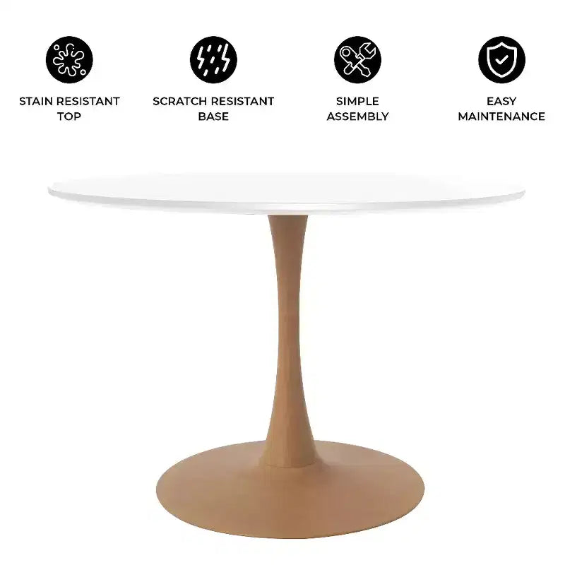 Tavolo da pranzo rotondo Bristol 40 con piano in pietra sinterizzata e base a piedistallo in acciaio con legno naturale per cucine e sale da pranzo moderne