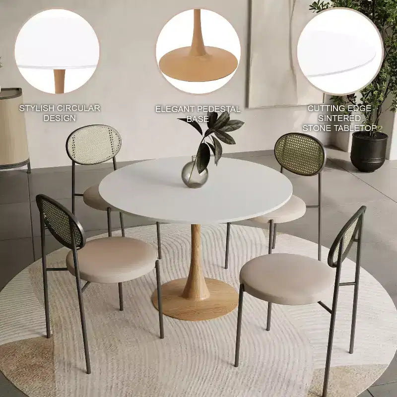 Tavolo da pranzo rotondo Bristol 40 con piano in pietra sinterizzata e base a piedistallo in acciaio con legno naturale per cucine e sale da pranzo moderne