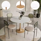 Tavolo da pranzo rotondo Bristol 40 con piano in pietra sinterizzata e base a piedistallo in acciaio con legno naturale per cucine e sale da pranzo moderne
