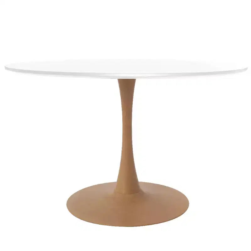 Tavolo da pranzo rotondo Bristol 40 con piano in pietra sinterizzata e base a piedistallo in acciaio con legno naturale per cucine e sale da pranzo moderne