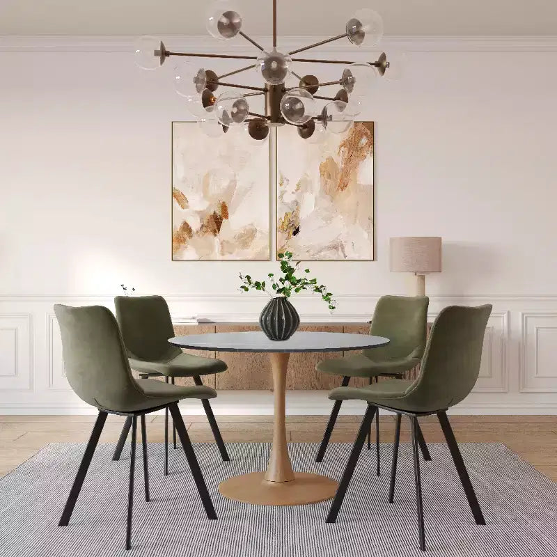 Tavolo da pranzo rotondo Bristol 40 con piano in pietra sinterizzata e base a piedistallo in acciaio con legno naturale per cucine e sale da pranzo moderne