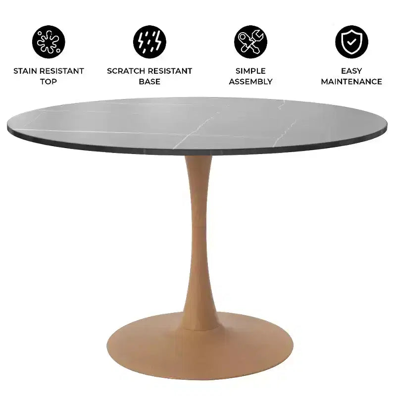 Tavolo da pranzo rotondo Bristol 40 con piano in pietra sinterizzata e base a piedistallo in acciaio con legno naturale per cucine e sale da pranzo moderne