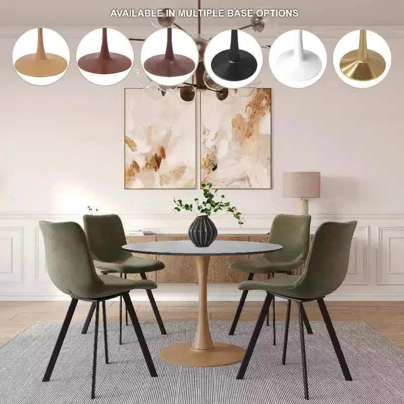 Tavolo da pranzo rotondo Bristol 40 con piano in pietra sinterizzata e base a piedistallo in acciaio con legno naturale per cucine e sale da pranzo moderne