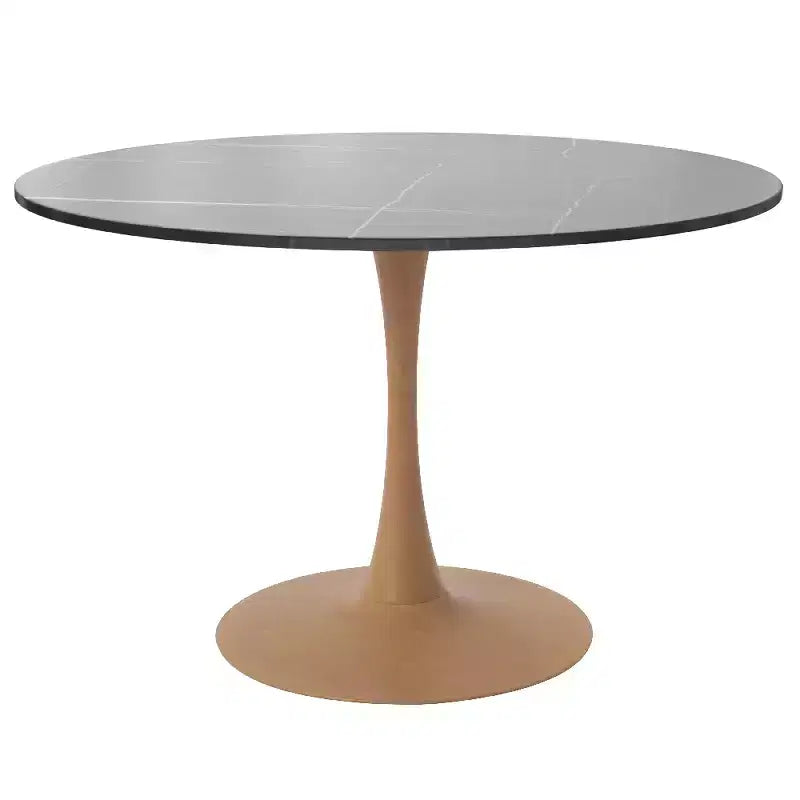Tavolo da pranzo rotondo Bristol 40 con piano in pietra sinterizzata e base a piedistallo in acciaio con legno naturale per cucine e sale da pranzo moderne