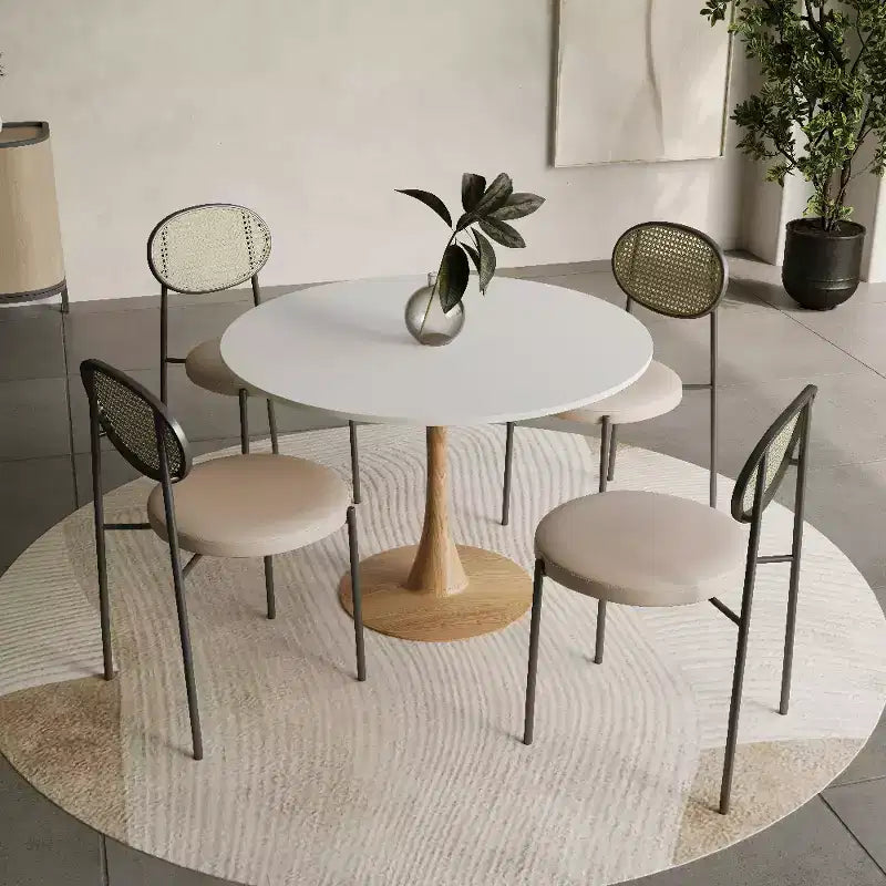 Tavolo da pranzo rotondo Bristol 40 con piano in pietra sinterizzata e base a piedistallo in acciaio con legno naturale per cucine e sale da pranzo moderne