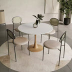 Tavolo da pranzo rotondo Bristol 40 con piano in pietra sinterizzata e base a piedistallo in acciaio con legno naturale per cucine e sale da pranzo moderne
