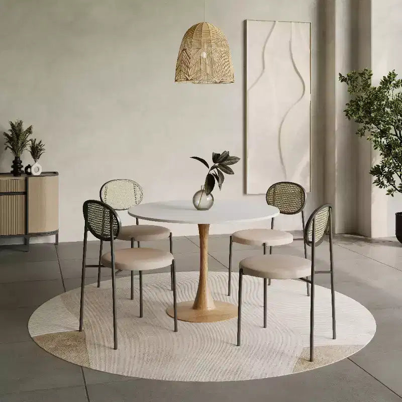 Tavolo da pranzo rotondo Bristol 40 con piano in pietra sinterizzata e base a piedistallo in acciaio con legno naturale per cucine e sale da pranzo moderne