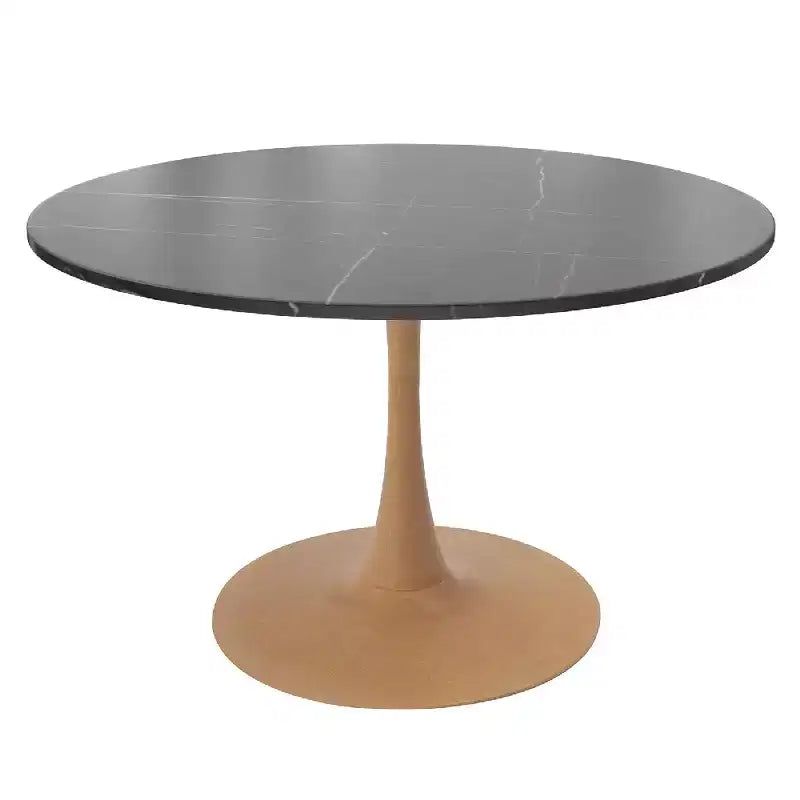 LeisureMod Bristol 40 Round Dining Table with Sintered Stone Top and Natural Wood Steel Pedestal Base for Modern Kitchen and Dining Room