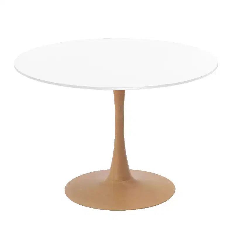 Tavolo da pranzo rotondo Bristol 40 con piano in pietra sinterizzata e base a piedistallo in acciaio con legno naturale per cucine e sale da pranzo moderne