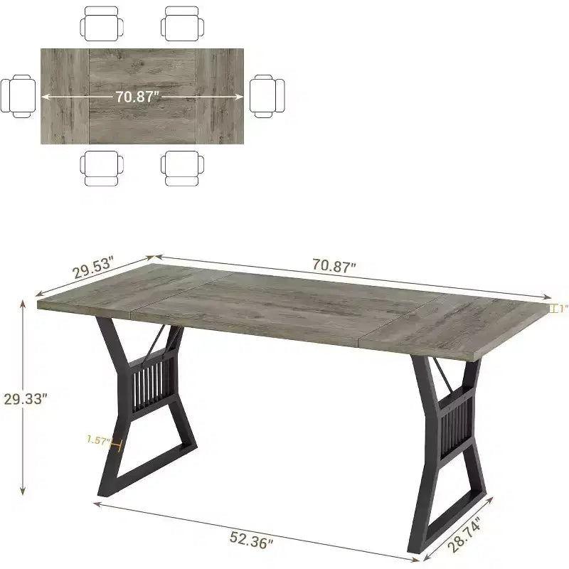 Tavolo da pranzo industriale grigio da 70,9" per 6-8 persone, tavolo da cucina rettangolare in legno con robuste gambe in metallo nero, superficie impermeabile, base a cavalletto moderna