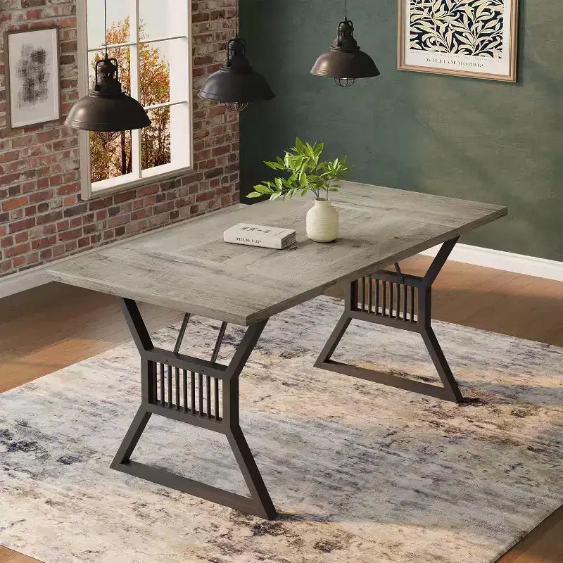Tavolo da pranzo industriale grigio da 70,9" per 6-8 persone, tavolo da cucina rettangolare in legno con robuste gambe in metallo nero, superficie impermeabile, base a cavalletto moderna