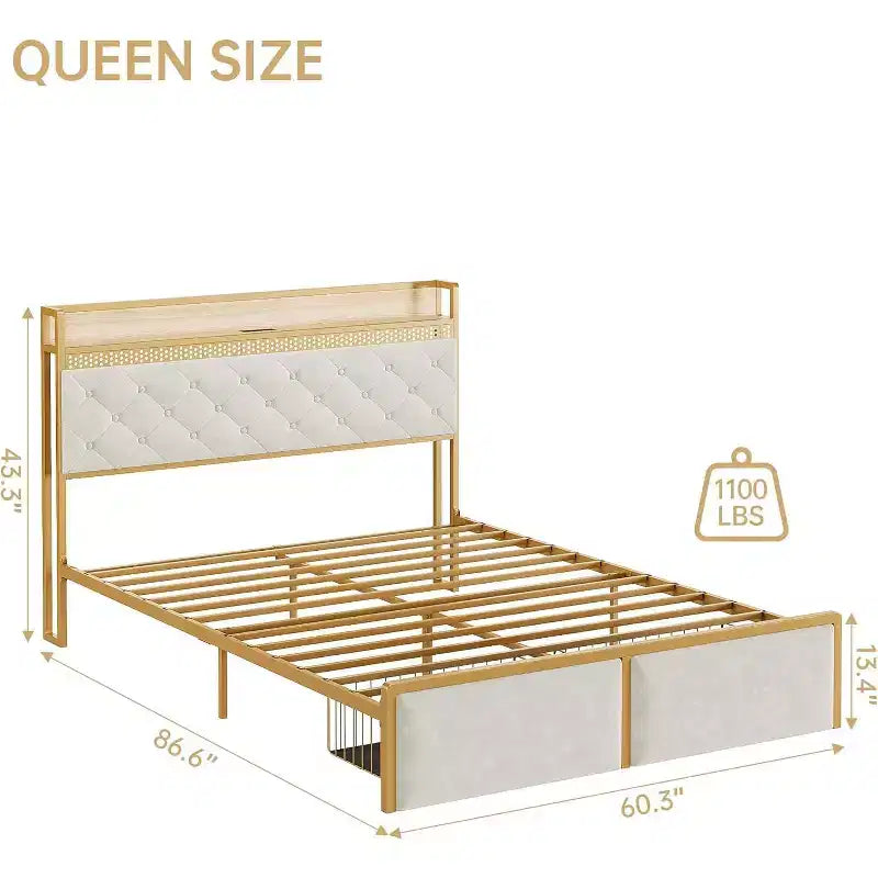Struttura Letto con 2 Cassetti Contenitore, Struttura Letto a LED con Testiera Contenitore a 2 Livelli e Stazione di Ricarica, Struttura Letto a Piattaforma in Metallo