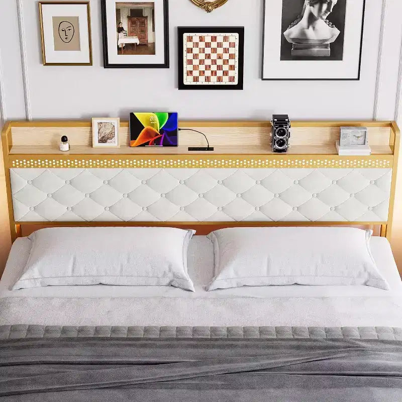 Struttura Letto con 2 Cassetti Contenitore, Struttura Letto a LED con Testiera Contenitore a 2 Livelli e Stazione di Ricarica, Struttura Letto a Piattaforma in Metallo