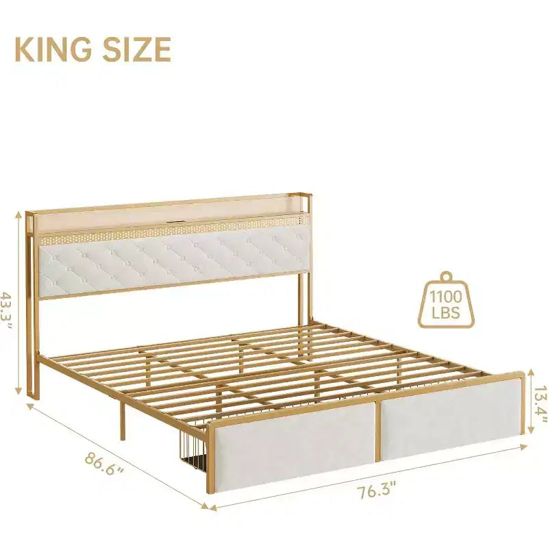 Struttura Letto con 2 Cassetti Contenitore, Struttura Letto a LED con Testiera Contenitore a 2 Livelli e Stazione di Ricarica, Struttura Letto a Piattaforma in Metallo