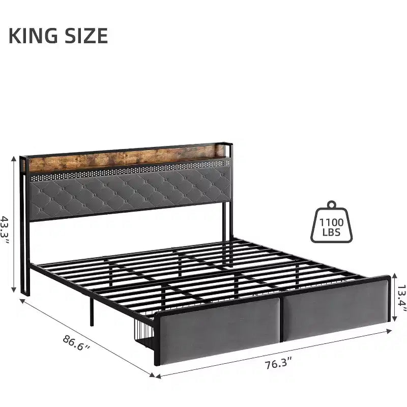 Struttura Letto con 2 Cassetti Contenitore, Struttura Letto a LED con Testiera Contenitore a 2 Livelli e Stazione di Ricarica, Struttura Letto a Piattaforma in Metallo