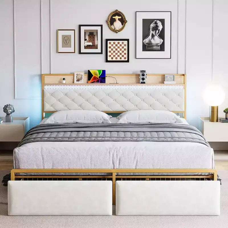 CuisinSmart Bed Frame with 2 Storage Drawers, LED Bed Frame with 2-Tier Storage HeadboardCharging Station, Metal Platform Bed Frame