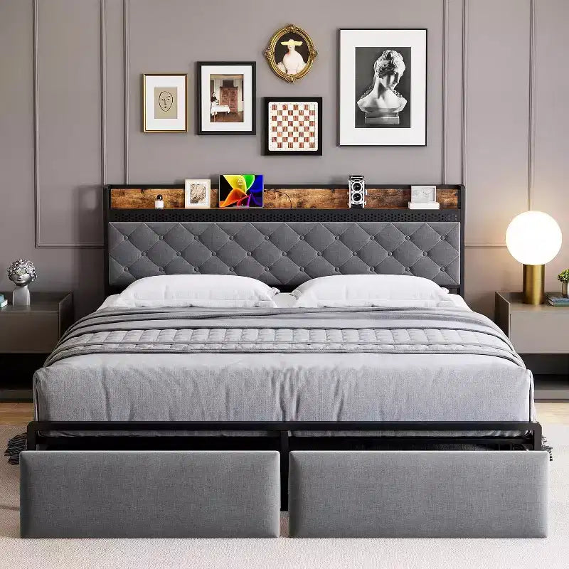 Struttura Letto con 2 Cassetti Contenitore, Struttura Letto a LED con Testiera Contenitore a 2 Livelli e Stazione di Ricarica, Struttura Letto a Piattaforma in Metallo