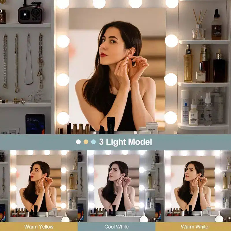 Toeletta con Specchio, Tavolo da Trucco con Sgabello e Stazione di Ricarica, Tavolino da Trucco con Cassetti e Ripiani Contenitori, 3 Modalità di Illuminazione
