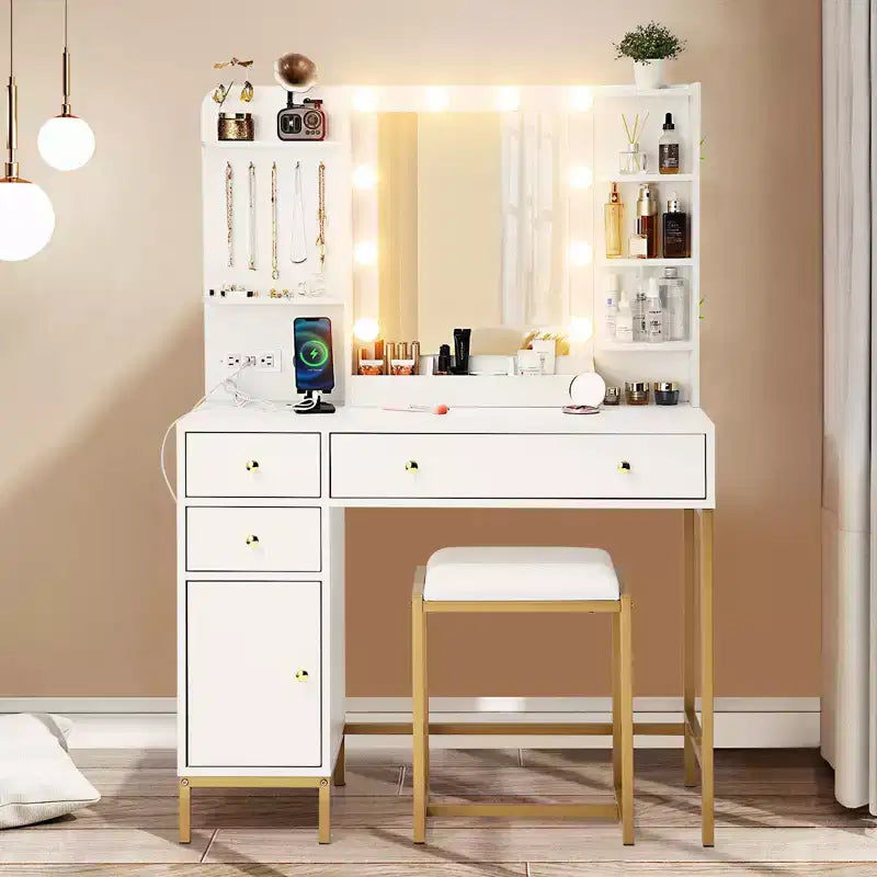 Toeletta con Specchio, Tavolo da Trucco con Sgabello e Stazione di Ricarica, Tavolino da Trucco con Cassetti e Ripiani Contenitori, 3 Modalità di Illuminazione