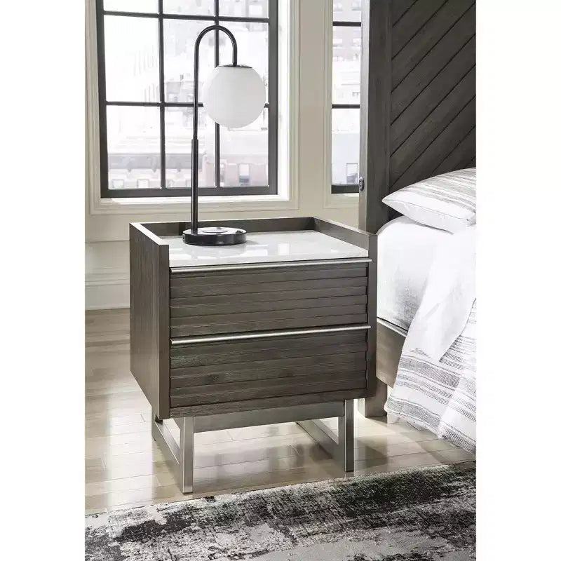Comodino a 2 cassetti Arkenton con piano in marmo bianco - Comodino moderno da camera da letto, finitura in legno marrone-grigiastro