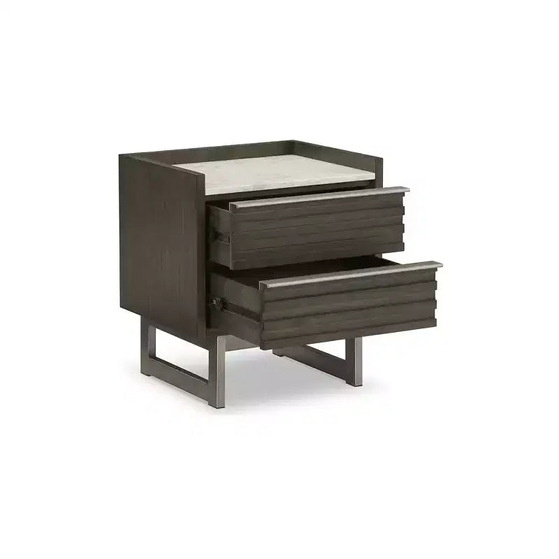 Comodino a 2 cassetti Arkenton con piano in marmo bianco - Comodino moderno da camera da letto, finitura in legno marrone-grigiastro