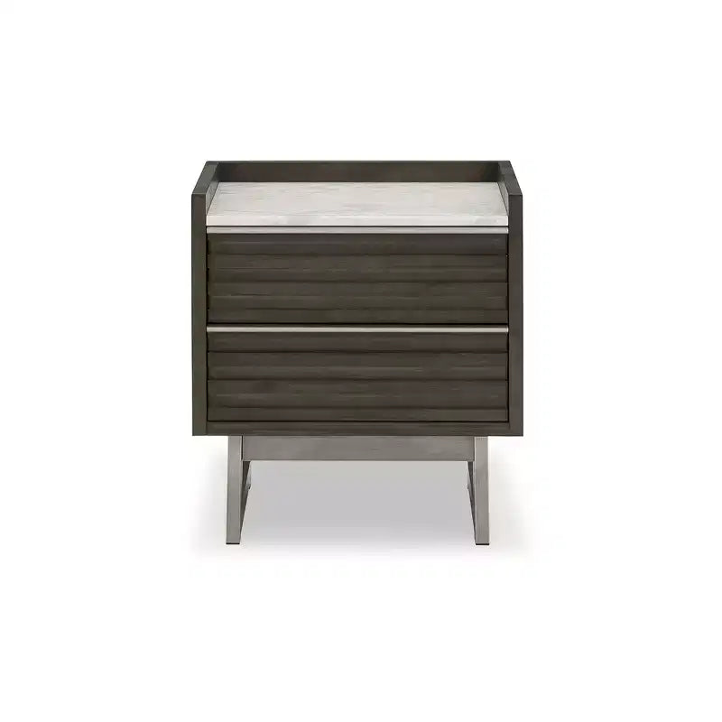 Comodino a 2 cassetti Arkenton con piano in marmo bianco - Comodino moderno da camera da letto, finitura in legno marrone-grigiastro