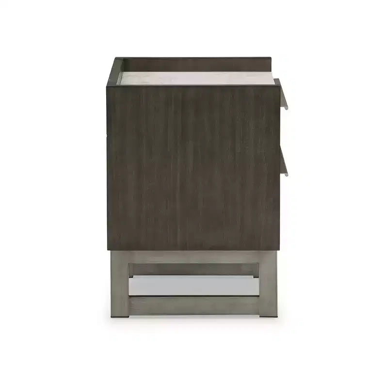 Comodino a 2 cassetti Arkenton con piano in marmo bianco - Comodino moderno da camera da letto, finitura in legno marrone-grigiastro