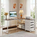 MAYEERTY Reversible L-Shaped Desk with 2-Tier Shelf & 4 Drawers