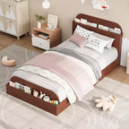 Struttura letto singola, letti in legno con testiera contenitore e pediera rialzata per bambini, letto a piattaforma bassa Twin-Floor per camera da letto, nessuna necessità di rete a molle