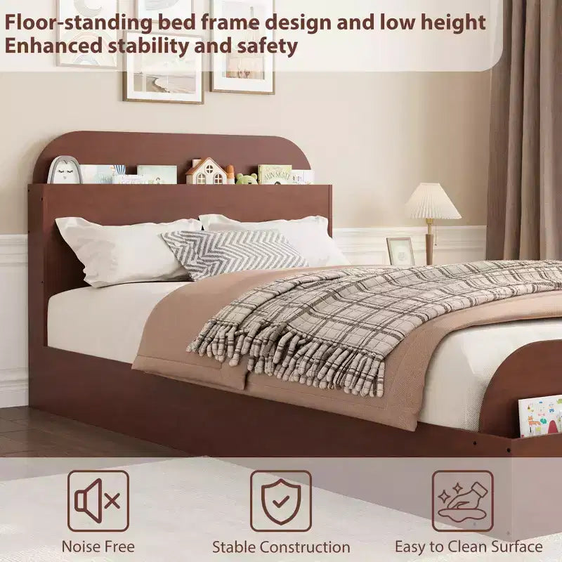 Struttura letto singola, letti in legno con testiera contenitore e pediera rialzata per bambini, letto a piattaforma bassa Twin-Floor per camera da letto, nessuna necessità di rete a molle