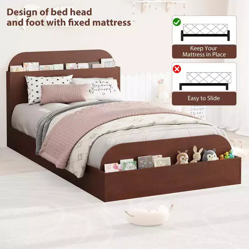 Struttura letto singola, letti in legno con testiera contenitore e pediera rialzata per bambini, letto a piattaforma bassa Twin-Floor per camera da letto, nessuna necessità di rete a molle