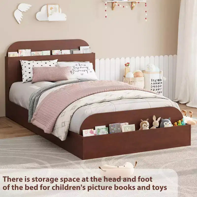 Struttura letto singola, letti in legno con testiera contenitore e pediera rialzata per bambini, letto a piattaforma bassa Twin-Floor per camera da letto, nessuna necessità di rete a molle
