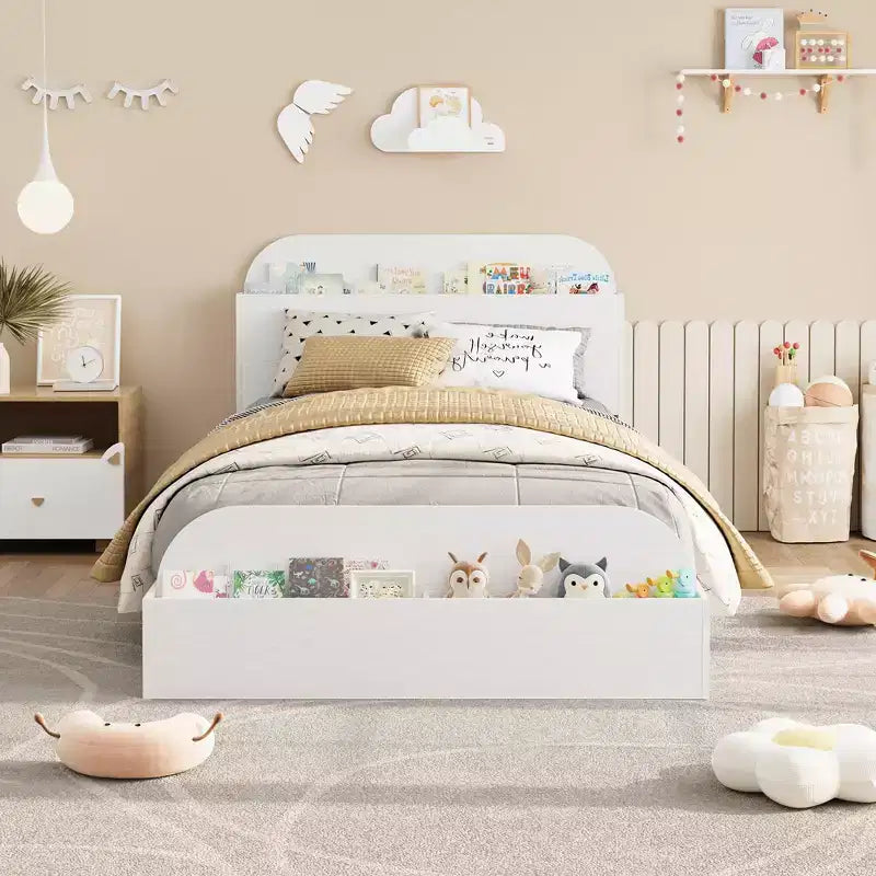 Struttura letto singola, letti in legno con testiera contenitore e pediera rialzata per bambini, letto a piattaforma bassa Twin-Floor per camera da letto, nessuna necessità di rete a molle