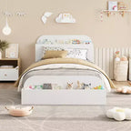 Struttura letto singola, letti in legno con testiera contenitore e pediera rialzata per bambini, letto a piattaforma bassa Twin-Floor per camera da letto, nessuna necessità di rete a molle