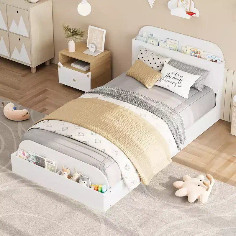 Struttura letto singola, letti in legno con testiera contenitore e pediera rialzata per bambini, letto a piattaforma bassa Twin-Floor per camera da letto, nessuna necessità di rete a molle