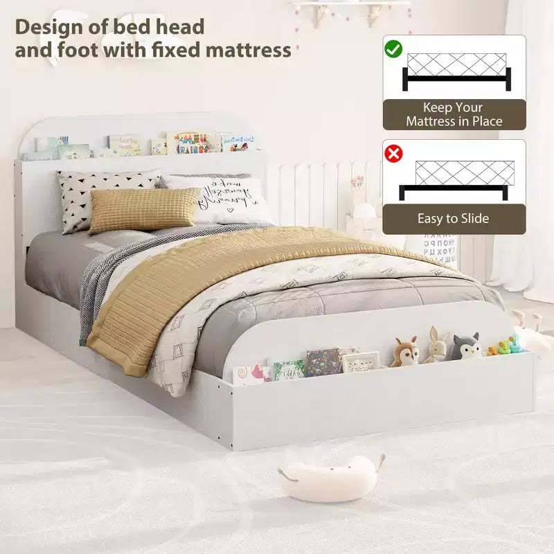 Struttura letto singola, letti in legno con testiera contenitore e pediera rialzata per bambini, letto a piattaforma bassa Twin-Floor per camera da letto, nessuna necessità di rete a molle