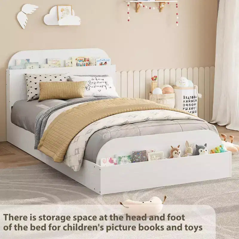 Struttura letto singola, letti in legno con testiera contenitore e pediera rialzata per bambini, letto a piattaforma bassa Twin-Floor per camera da letto, nessuna necessità di rete a molle
