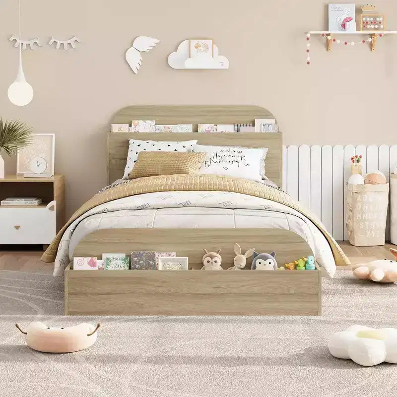 Struttura letto singola, letti in legno con testiera contenitore e pediera rialzata per bambini, letto a piattaforma bassa Twin-Floor per camera da letto, nessuna necessità di rete a molle