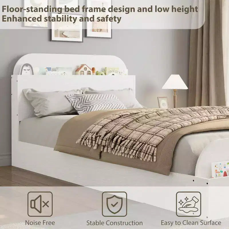 Struttura letto singola, letti in legno con testiera contenitore e pediera rialzata per bambini, letto a piattaforma bassa Twin-Floor per camera da letto, nessuna necessità di rete a molle