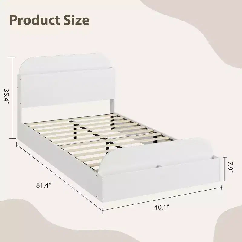 Struttura letto singola, letti in legno con testiera contenitore e pediera rialzata per bambini, letto a piattaforma bassa Twin-Floor per camera da letto, nessuna necessità di rete a molle