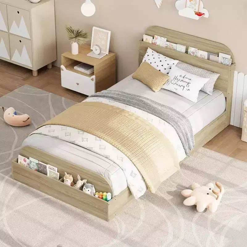 Struttura letto singola, letti in legno con testiera contenitore e pediera rialzata per bambini, letto a piattaforma bassa Twin-Floor per camera da letto, nessuna necessità di rete a molle