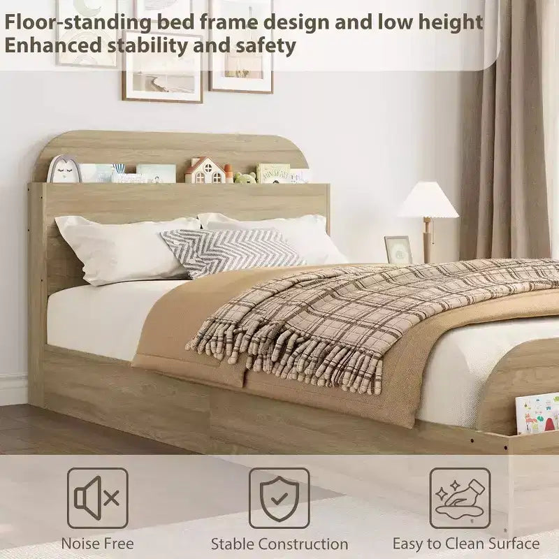 Struttura letto singola, letti in legno con testiera contenitore e pediera rialzata per bambini, letto a piattaforma bassa Twin-Floor per camera da letto, nessuna necessità di rete a molle