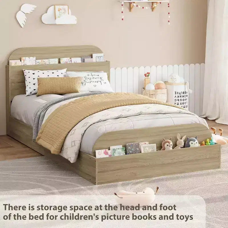 Struttura letto singola, letti in legno con testiera contenitore e pediera rialzata per bambini, letto a piattaforma bassa Twin-Floor per camera da letto, nessuna necessità di rete a molle