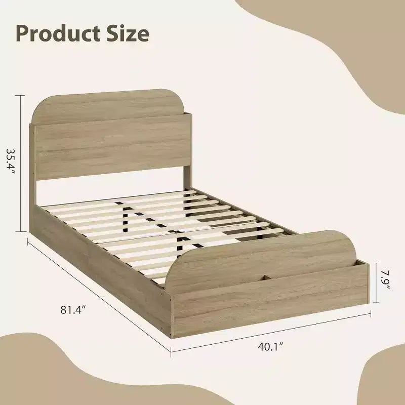 Struttura letto singola, letti in legno con testiera contenitore e pediera rialzata per bambini, letto a piattaforma bassa Twin-Floor per camera da letto, nessuna necessità di rete a molle