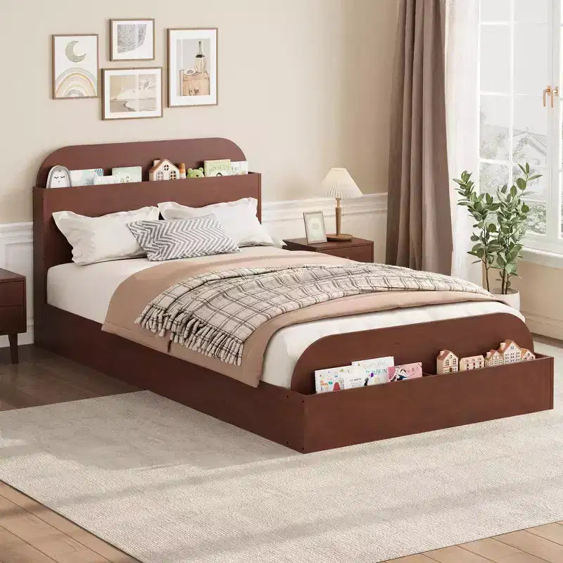 Struttura letto singola, letti in legno con testiera contenitore e pediera rialzata per bambini, letto a piattaforma bassa Twin-Floor per camera da letto, nessuna necessità di rete a molle