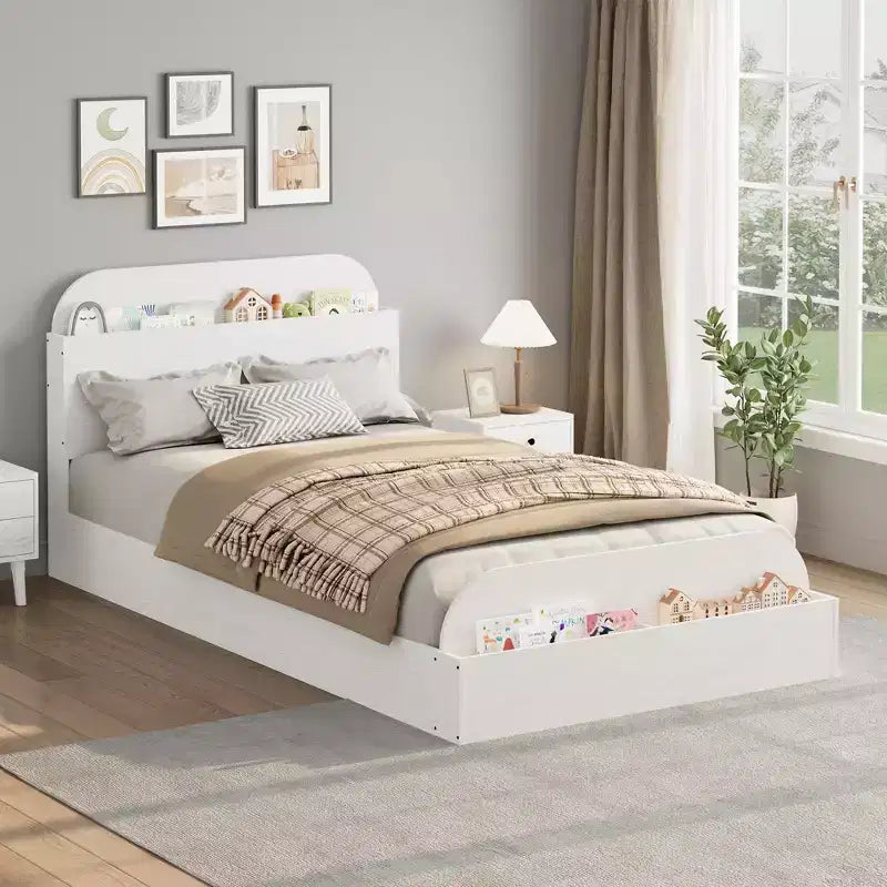 Struttura letto singola, letti in legno con testiera contenitore e pediera rialzata per bambini, letto a piattaforma bassa Twin-Floor per camera da letto, nessuna necessità di rete a molle