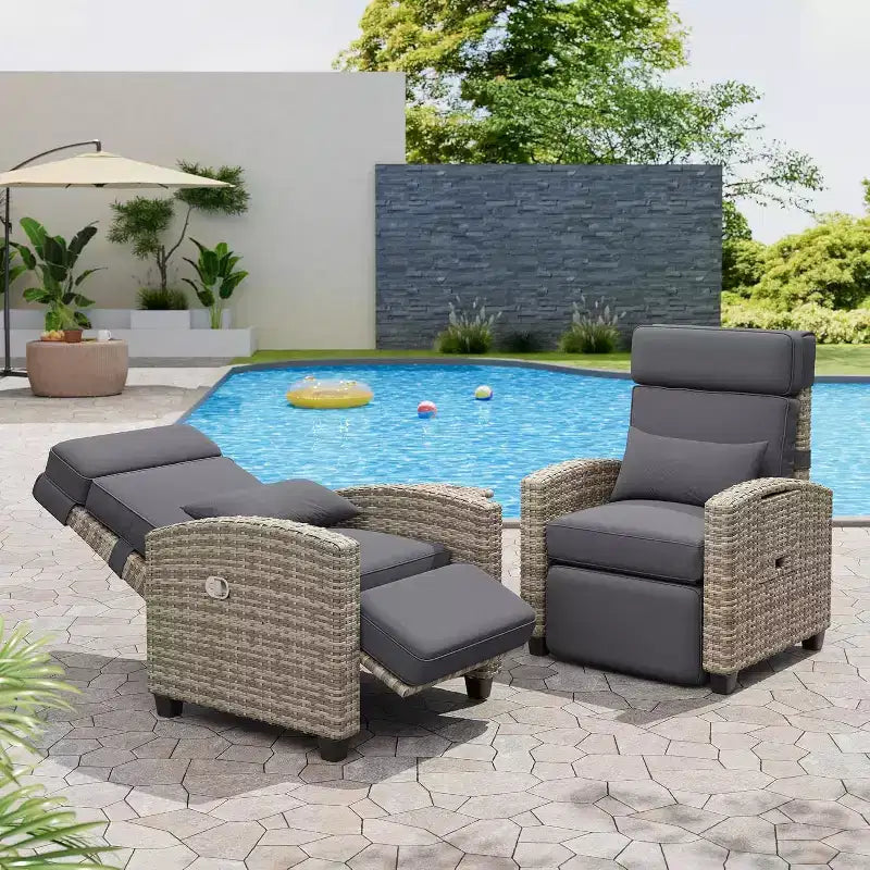 Sedia reclinabile da esterno, sedia reclinabile in rattan da patio con pompa ad aria, schienale e poggiapiedi regolabili, reclinabile a 150°, sedia reclinabile da esterno in vimini, grigio