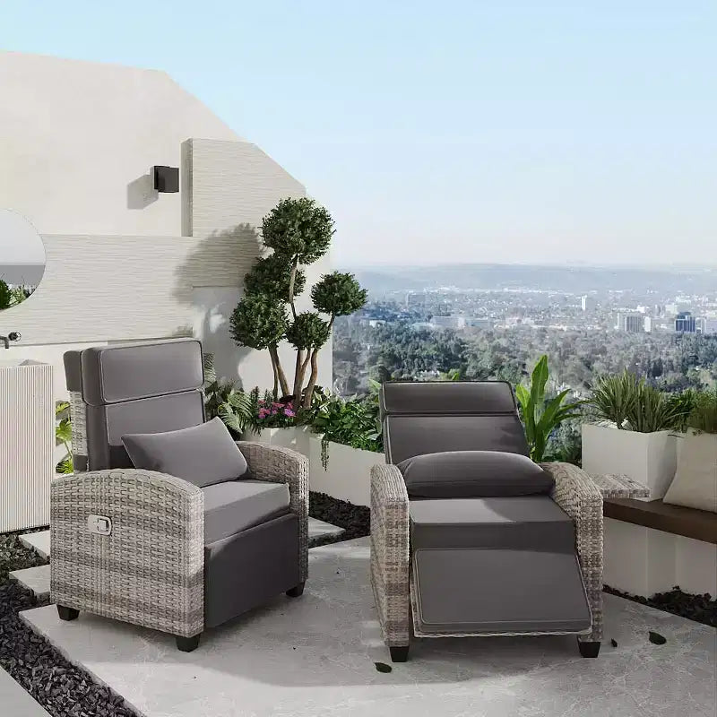 Sedia reclinabile da esterno, sedia reclinabile in rattan da patio con pompa ad aria, schienale e poggiapiedi regolabili, reclinabile a 150°, sedia reclinabile da esterno in vimini, grigio