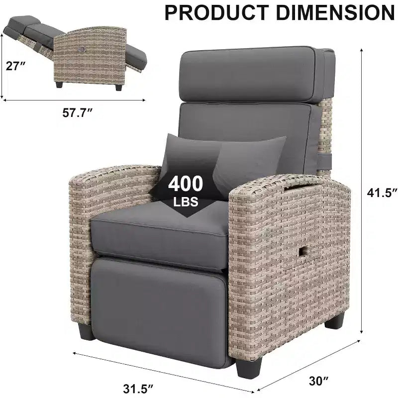 Sedia reclinabile da esterno, sedia reclinabile in rattan da patio con pompa ad aria, schienale e poggiapiedi regolabili, reclinabile a 150°, sedia reclinabile da esterno in vimini, grigio