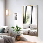Specchio a figura intera rettangolare 59x28 con bordo sottile in alluminio e angoli retti, con supporto